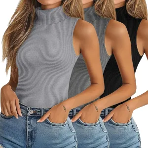 Ficerd 3 Pack Women's Sleeveless Mock Turtleneck Tank Tops Ribbed Knit Slim Fitted Stretchy Shirts Casual Layer Basic Tees