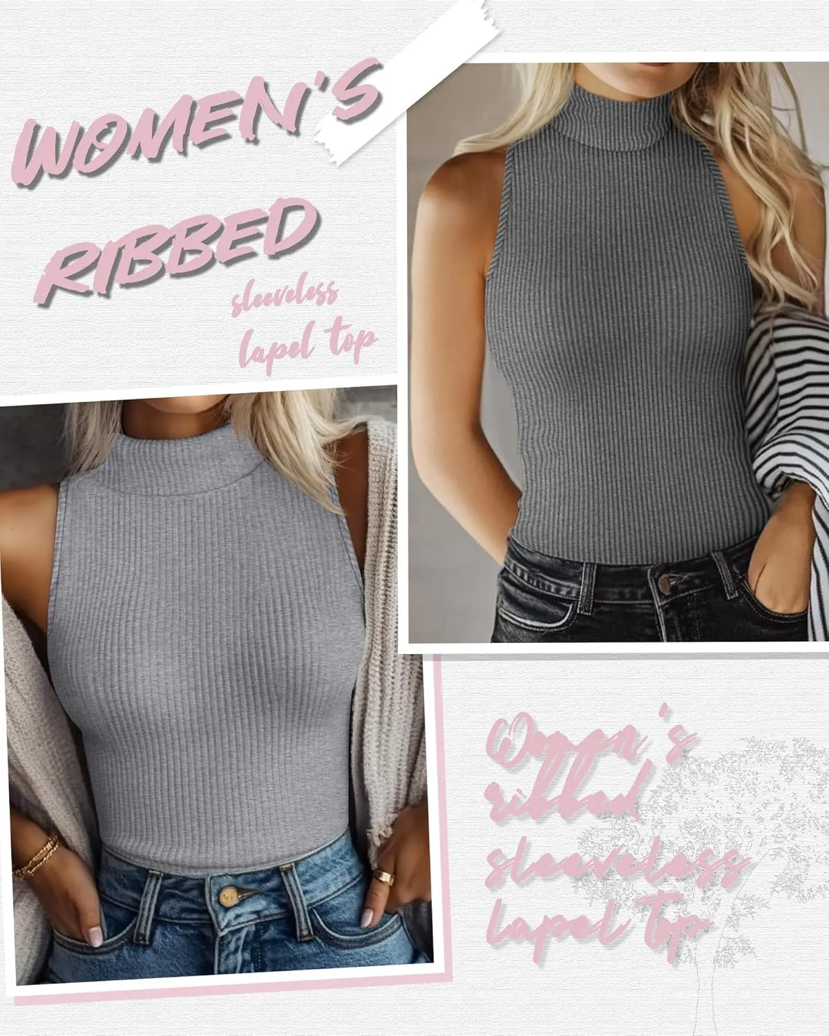 Ficerd 3 Pack Women's Sleeveless Mock Turtleneck Tank Tops Ribbed Knit Slim Fitted Stretchy Shirts Casual Layer Basic Tees