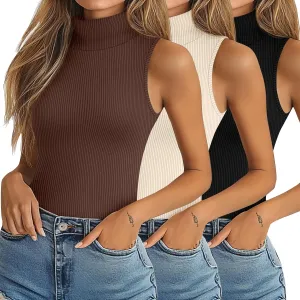 Ficerd 3 Pack Women's Sleeveless Mock Turtleneck Tank Tops Ribbed Knit Slim Fitted Stretchy Shirts Casual Layer Basic Tees