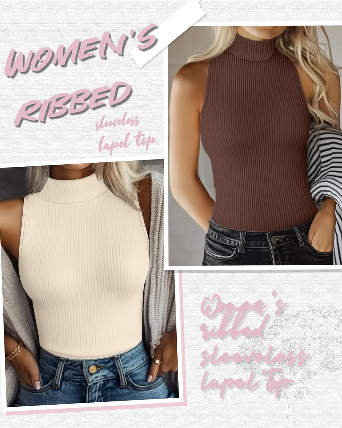 Ficerd 3 Pack Women's Sleeveless Mock Turtleneck Tank Tops Ribbed Knit Slim Fitted Stretchy Shirts Casual Layer Basic Tees