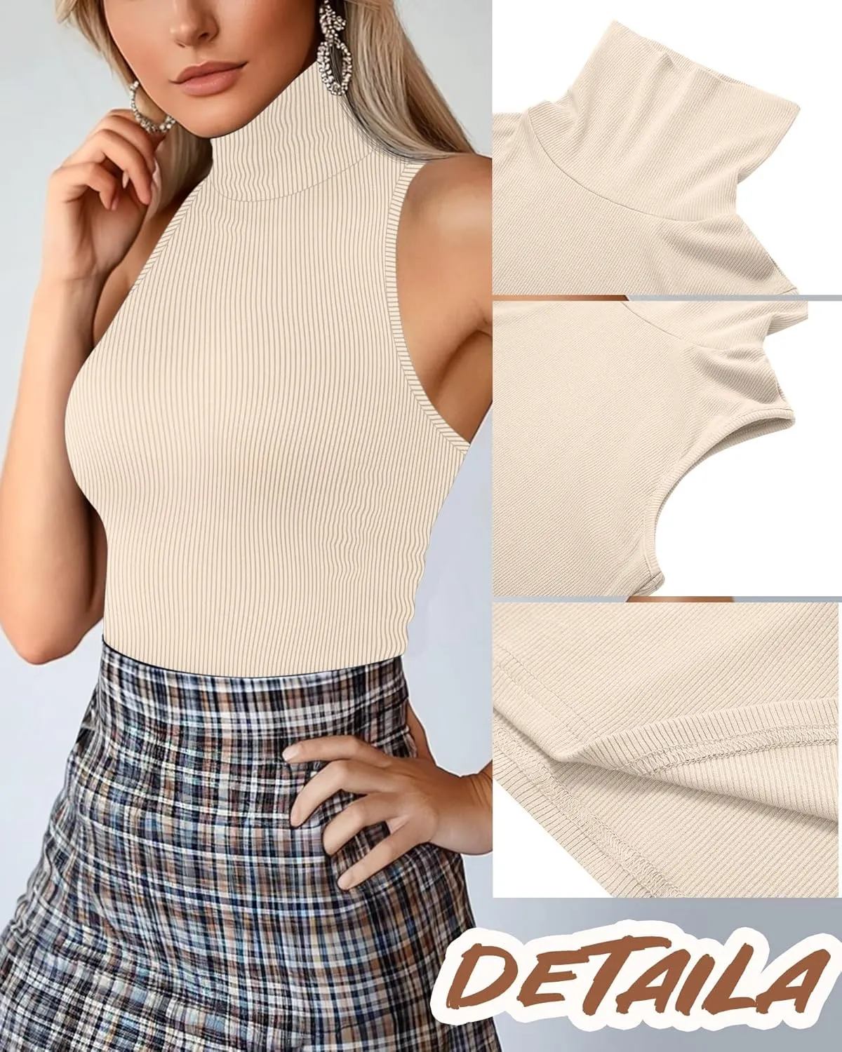 Ficerd 3 Pack Women's Sleeveless Mock Turtleneck Tank Tops Ribbed Knit Slim Fitted Stretchy Shirts Casual Layer Basic Tees