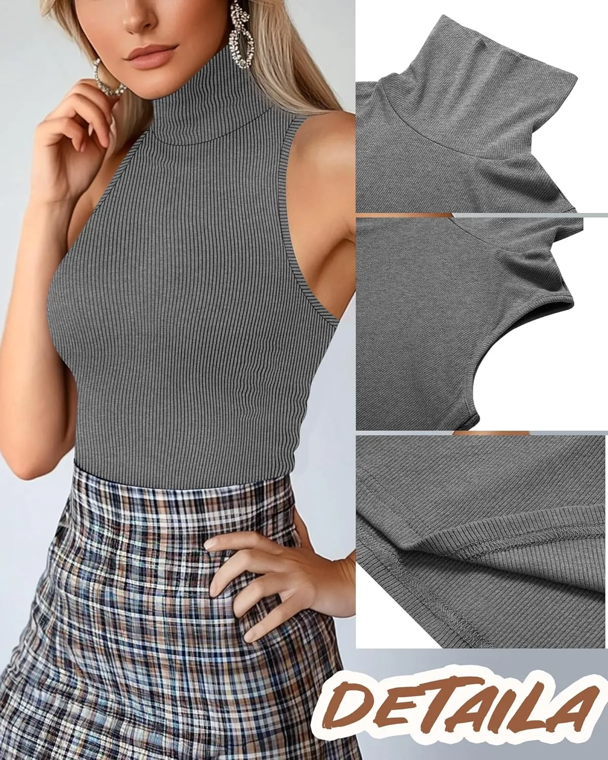 Ficerd 3 Pack Women's Sleeveless Mock Turtleneck Tank Tops Ribbed Knit Slim Fitted Stretchy Shirts Casual Layer Basic Tees
