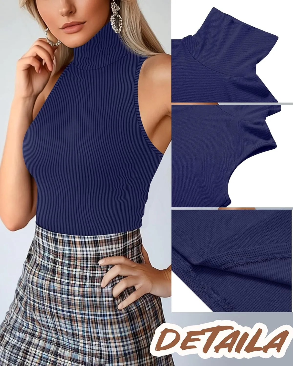 Ficerd 3 Pack Women's Sleeveless Mock Turtleneck Tank Tops Ribbed Knit Slim Fitted Stretchy Shirts Casual Layer Basic Tees