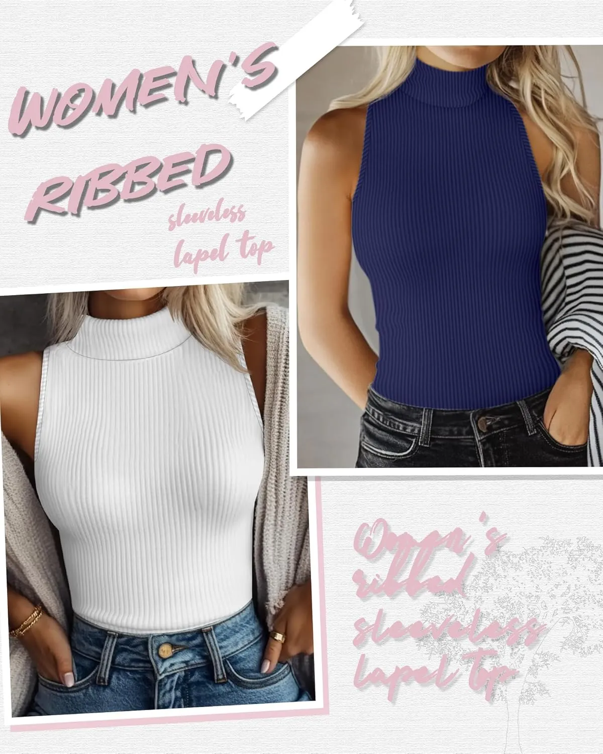 Ficerd 3 Pack Women's Sleeveless Mock Turtleneck Tank Tops Ribbed Knit Slim Fitted Stretchy Shirts Casual Layer Basic Tees