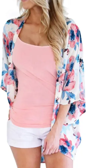 FINOCEANS Womens Floral Chiffon Kimono Cardigans Loose Beach Cover Up Half Sleeve Tops