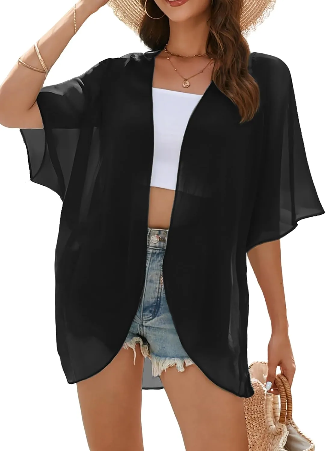 FINOCEANS Womens Floral Chiffon Kimono Cardigans Loose Beach Cover Up Half Sleeve Tops