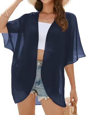 FINOCEANS Womens Floral Chiffon Kimono Cardigans Loose Beach Cover Up Half Sleeve Tops