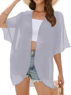 FINOCEANS Womens Floral Chiffon Kimono Cardigans Loose Beach Cover Up Half Sleeve Tops