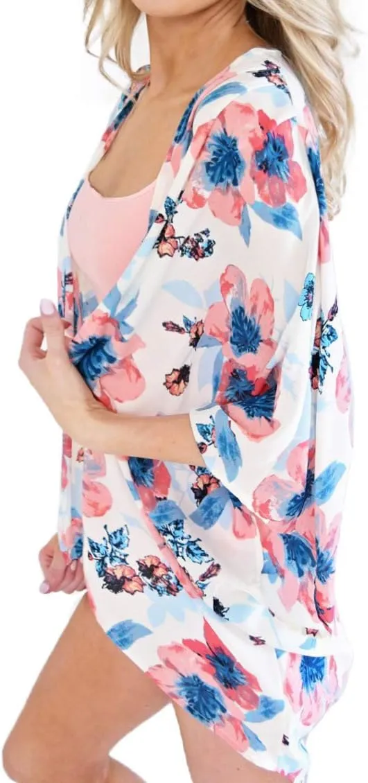 FINOCEANS Womens Floral Chiffon Kimono Cardigans Loose Beach Cover Up Half Sleeve Tops