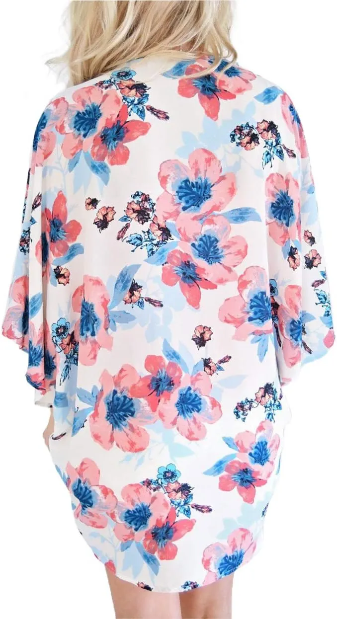 FINOCEANS Womens Floral Chiffon Kimono Cardigans Loose Beach Cover Up Half Sleeve Tops