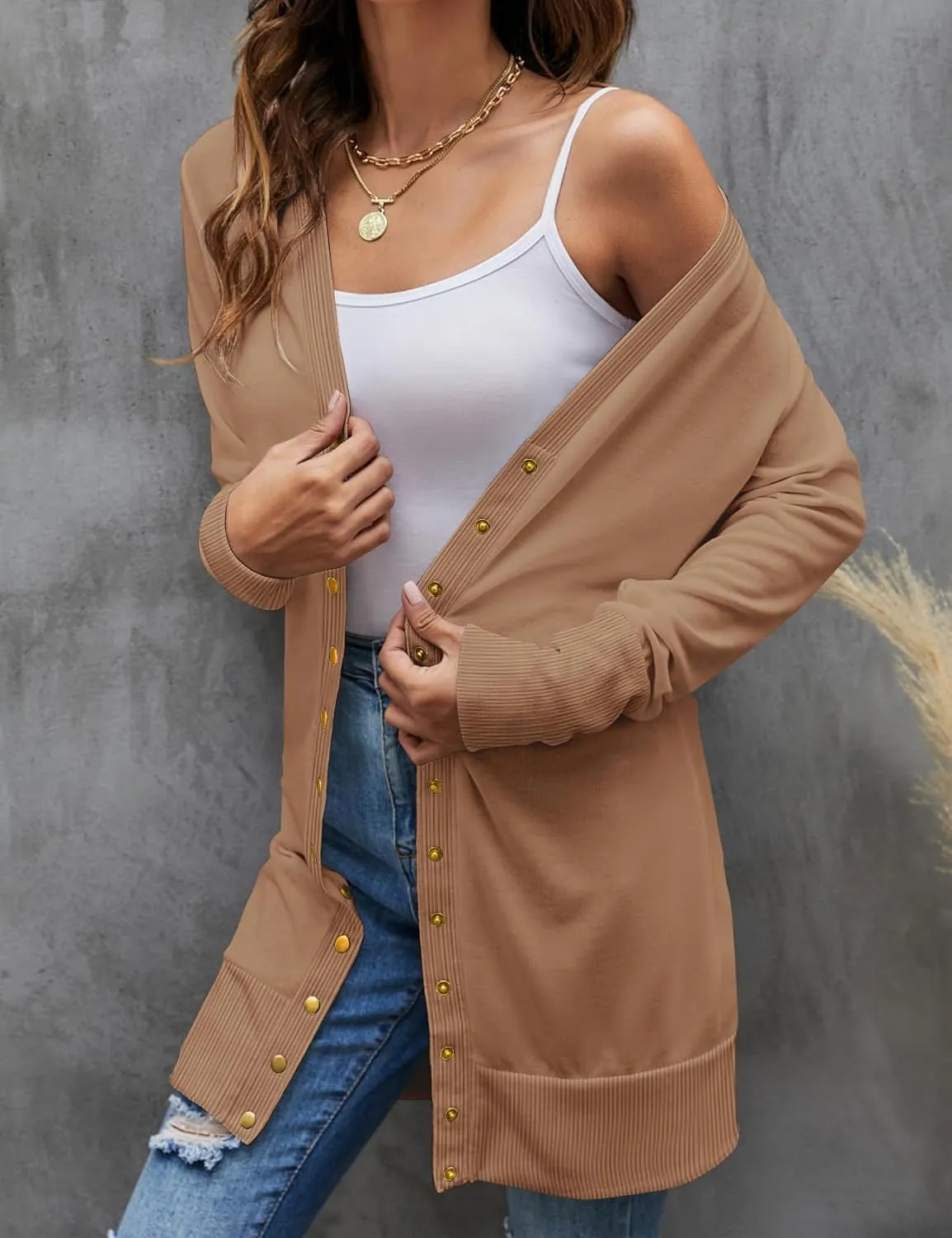 Halife Womens Long Sleeve Cardigans Lightweight Ribbed Neckline Soft Knit Cardigan Sweater with Buttons