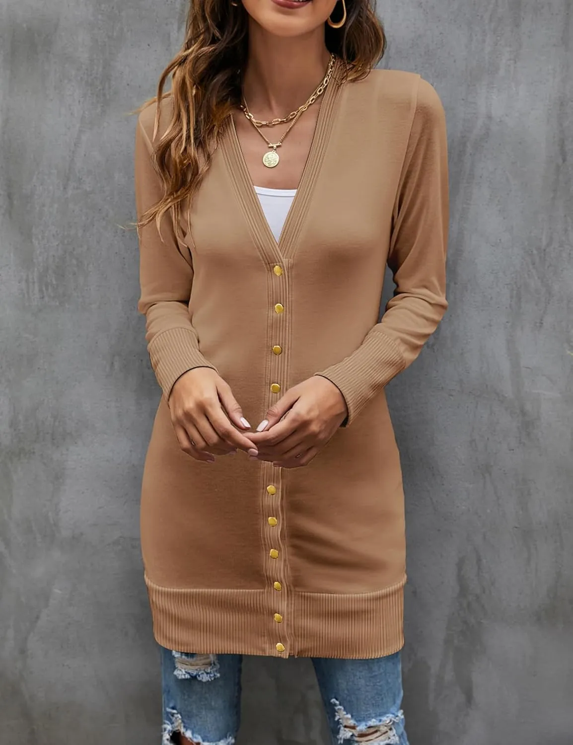 Halife Womens Long Sleeve Cardigans Lightweight Ribbed Neckline Soft Knit Cardigan Sweater with Buttons