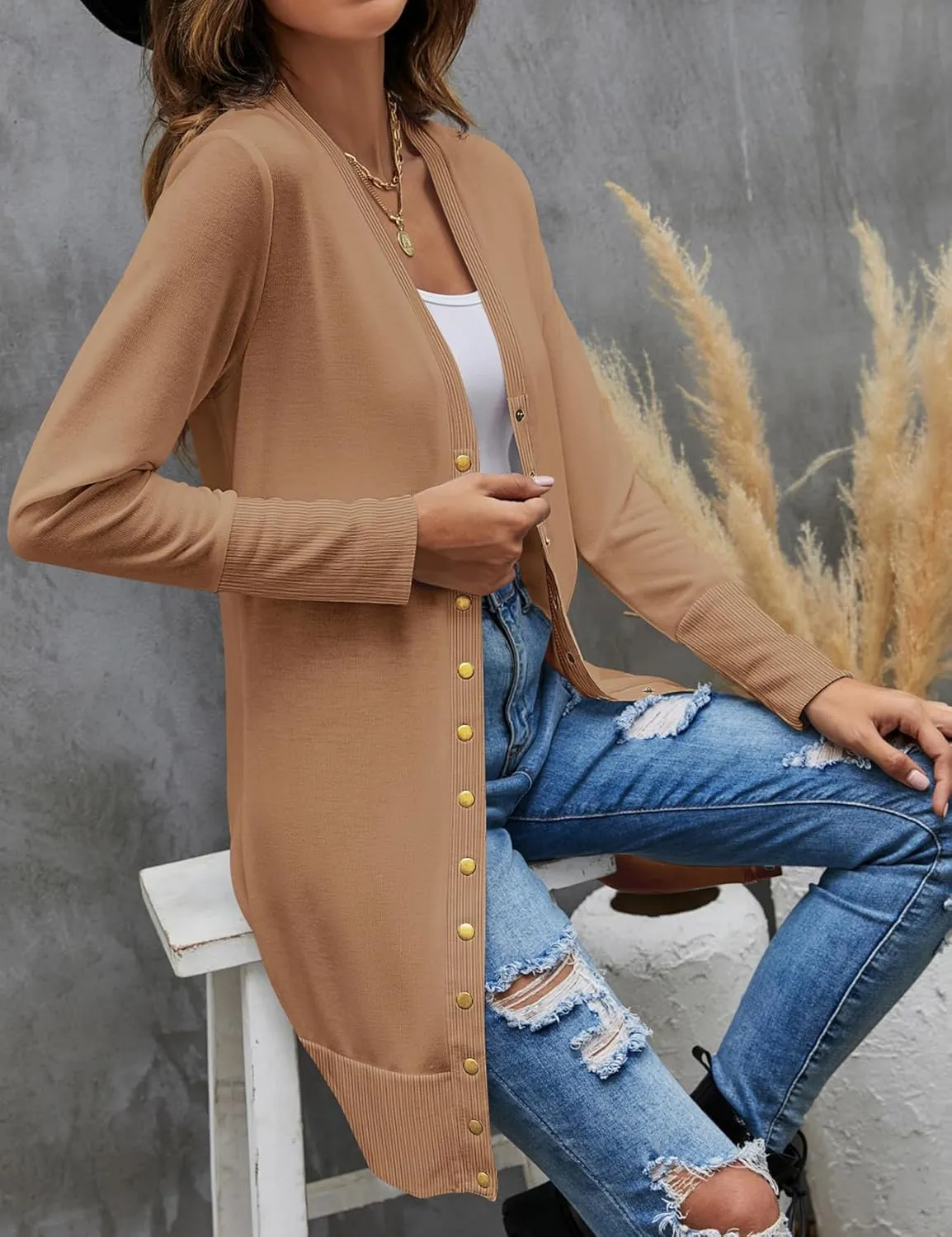 Halife Womens Long Sleeve Cardigans Lightweight Ribbed Neckline Soft Knit Cardigan Sweater with Buttons