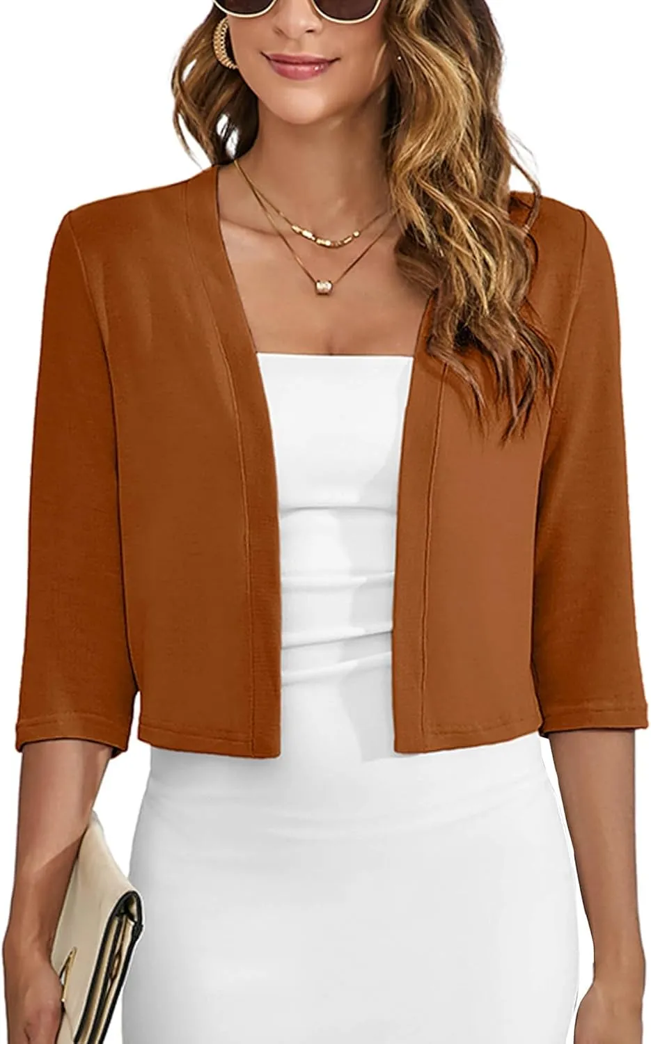 Heymoments Women's Thin Shrugs 3/4 Sleeve Lightweight Cropped Tops Open Front Cardigan for Dress