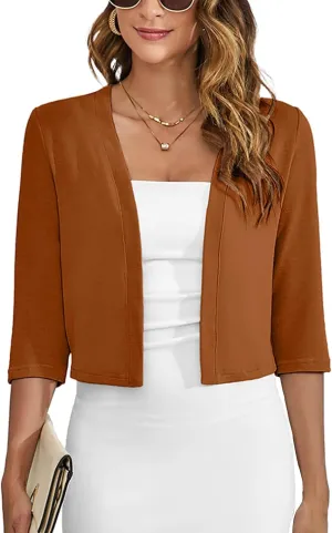 Heymoments Women's Thin Shrugs 3/4 Sleeve Lightweight Cropped Tops Open Front Cardigan for Dress