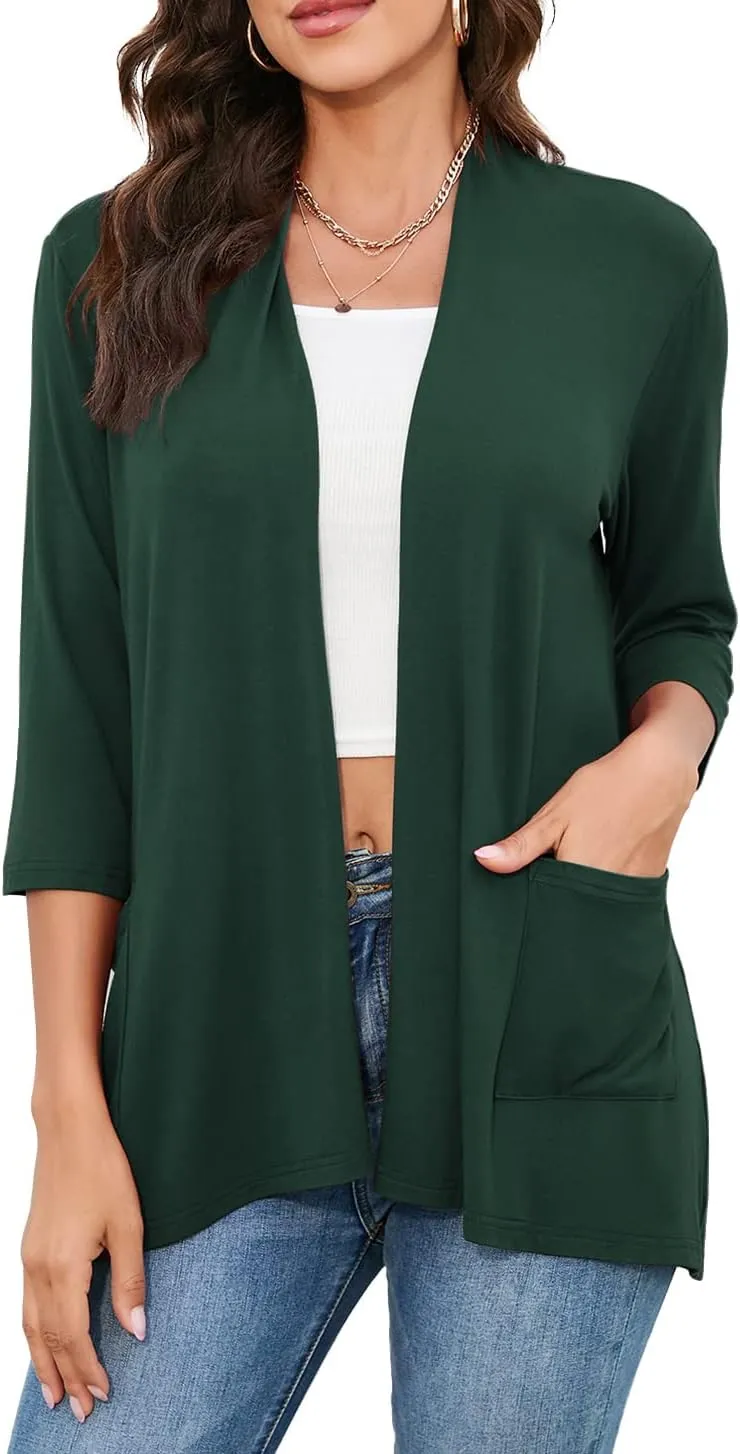 HIYIYEZI Womens Casual Lightweight Cardigans with Pockets 3/4 Sleeve Open Front Dusters