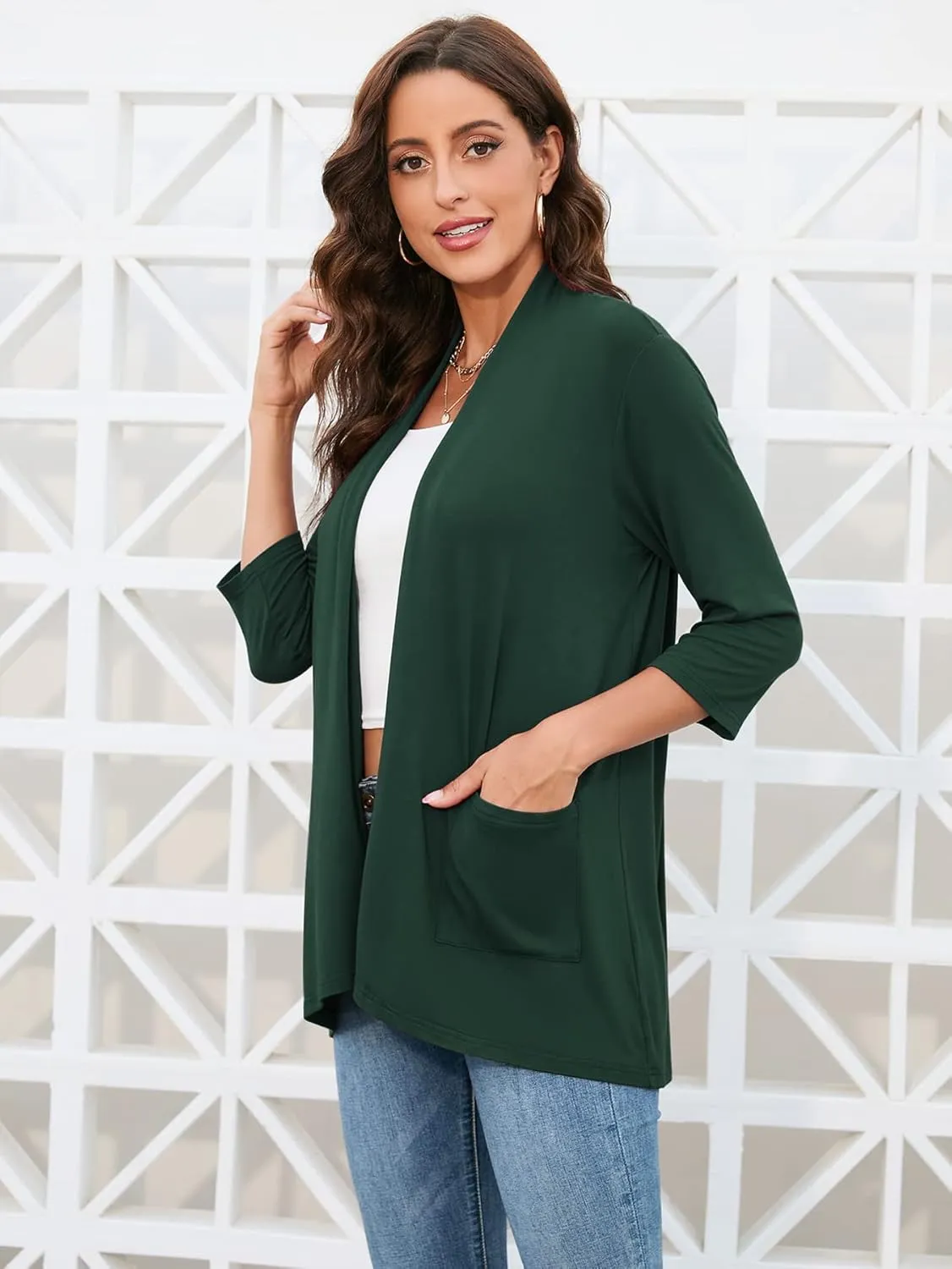 HIYIYEZI Womens Casual Lightweight Cardigans with Pockets 3/4 Sleeve Open Front Dusters