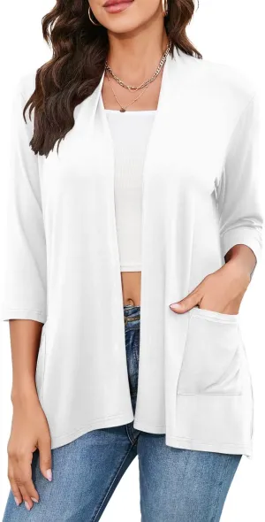 HIYIYEZI Womens Casual Lightweight Cardigans with Pockets 3/4 Sleeve Open Front Dusters