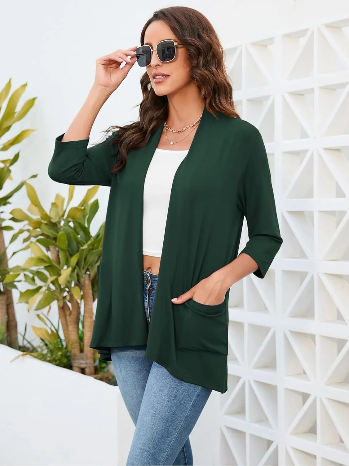 HIYIYEZI Womens Casual Lightweight Cardigans with Pockets 3/4 Sleeve Open Front Dusters