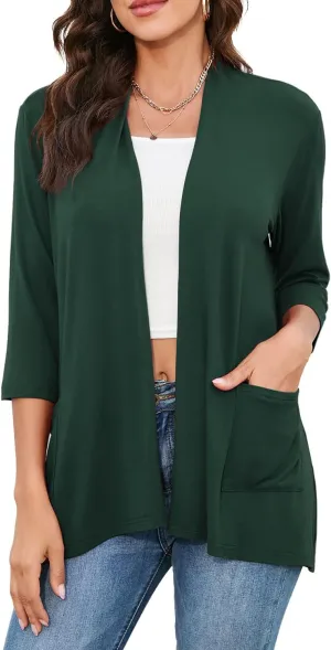 HIYIYEZI Womens Casual Lightweight Cardigans with Pockets 3/4 Sleeve Open Front Dusters