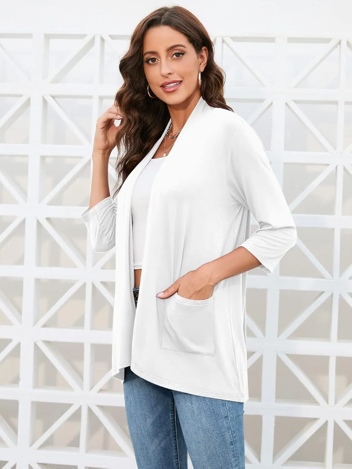 HIYIYEZI Womens Casual Lightweight Cardigans with Pockets 3/4 Sleeve Open Front Dusters