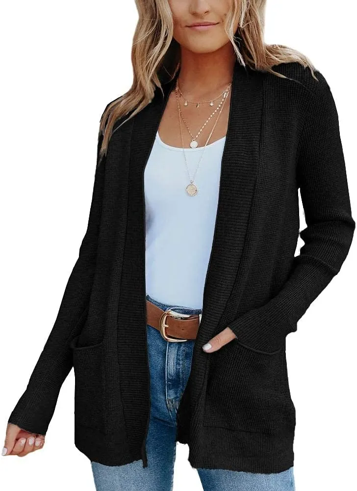 imesrun Womens Open Front Cardigans Casual Long Sleeve Classic Knit Sweater Outerwear with Pockets