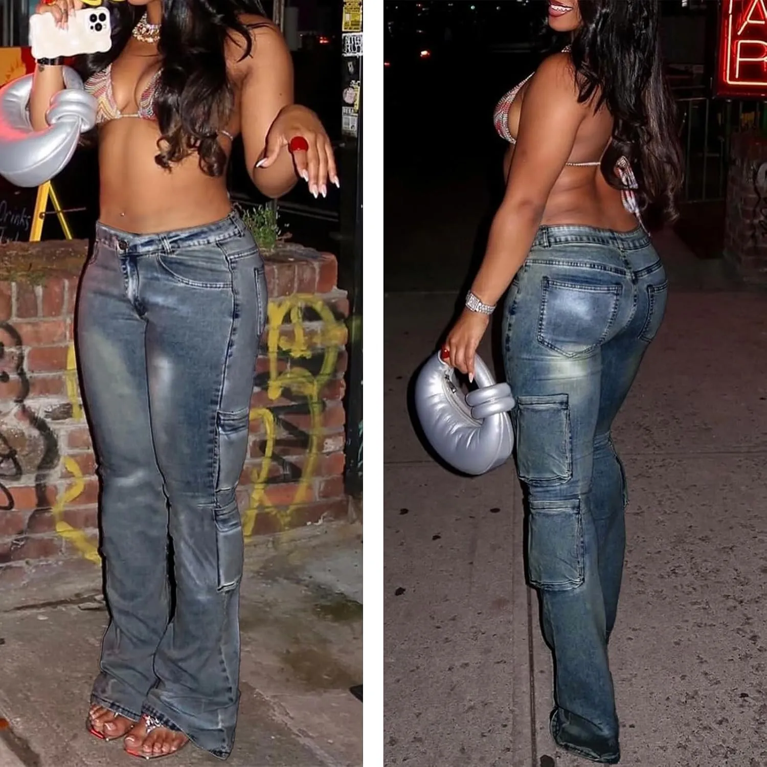 Jeans for Women Fashion Silver Hot Stamping Craft High Rise Jean Stretchy Denim Pants Work Pants with Multi Pocket