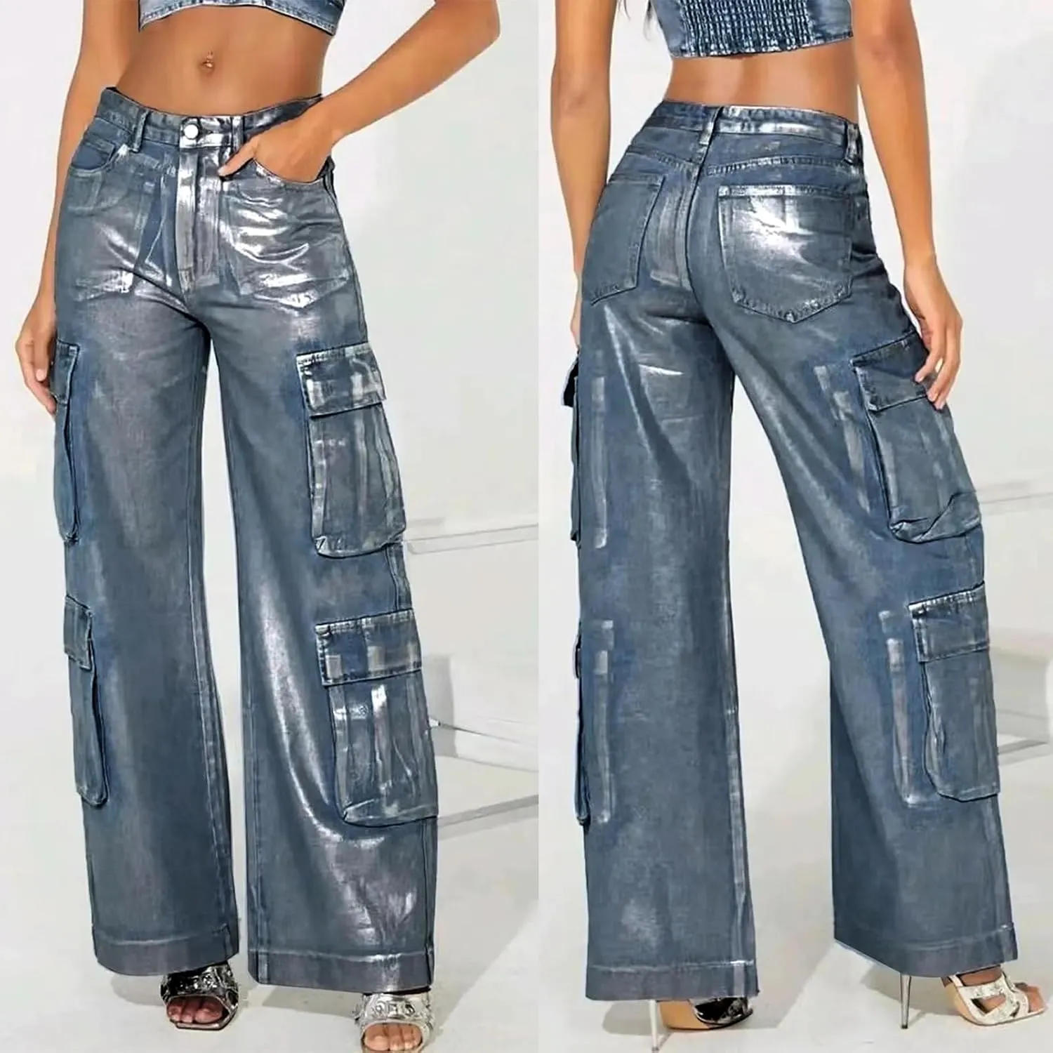 Jeans for Women Fashion Silver Hot Stamping Craft High Rise Jean Stretchy Denim Pants Work Pants with Multi Pocket