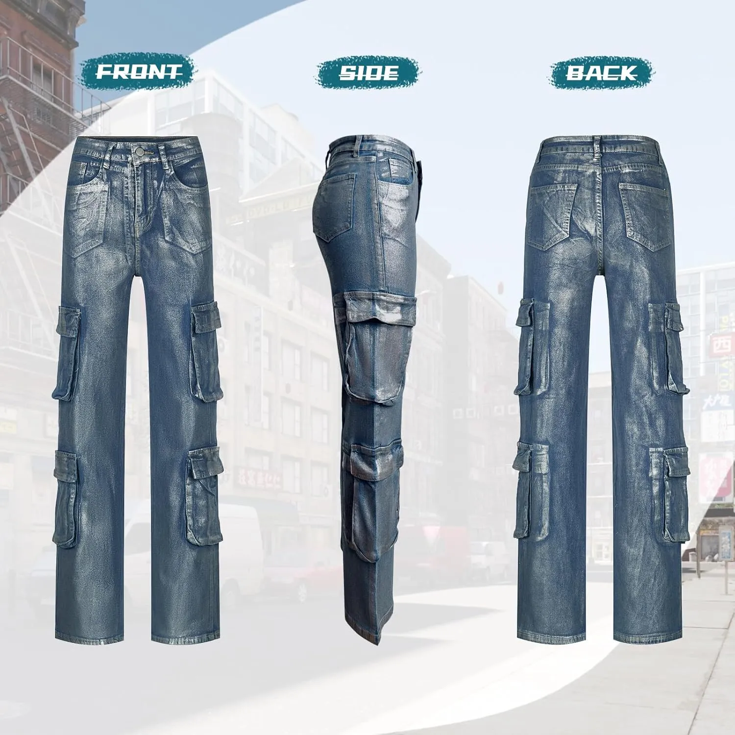 Jeans for Women Fashion Silver Hot Stamping Craft High Rise Jean Stretchy Denim Pants Work Pants with Multi Pocket