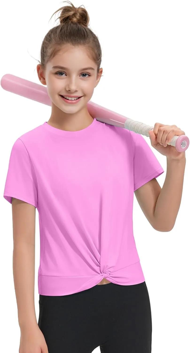 KEREDA Girls Athletic Shirts Tie Front Tops Summer Short Sleeve Quick Dry Active Tees T-Shirts for Kids Teens