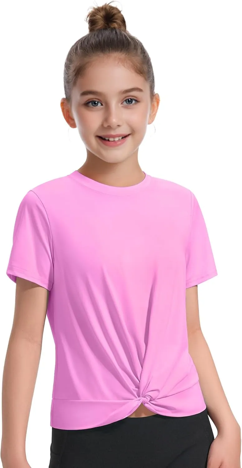 KEREDA Girls Athletic Shirts Tie Front Tops Summer Short Sleeve Quick Dry Active Tees T-Shirts for Kids Teens