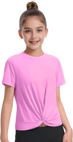 KEREDA Girls Athletic Shirts Tie Front Tops Summer Short Sleeve Quick Dry Active Tees T-Shirts for Kids Teens