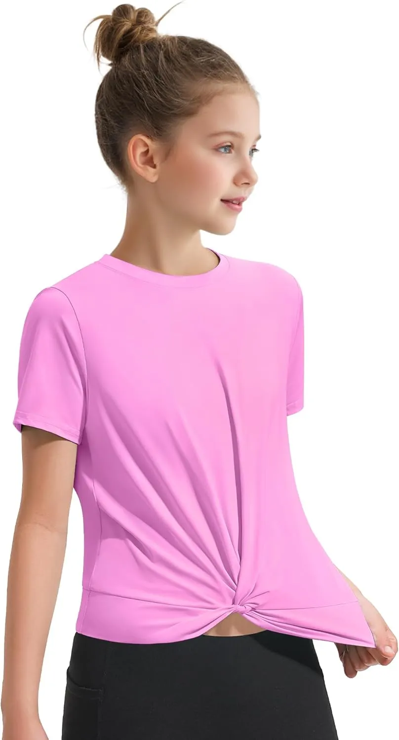 KEREDA Girls Athletic Shirts Tie Front Tops Summer Short Sleeve Quick Dry Active Tees T-Shirts for Kids Teens