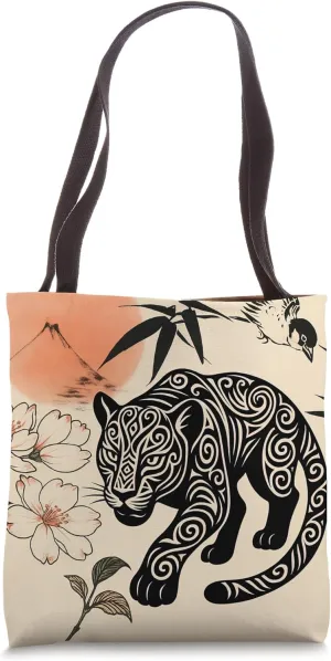 Leopard Flowers Minimalist Oriental Ink Art Beige Tote Bag