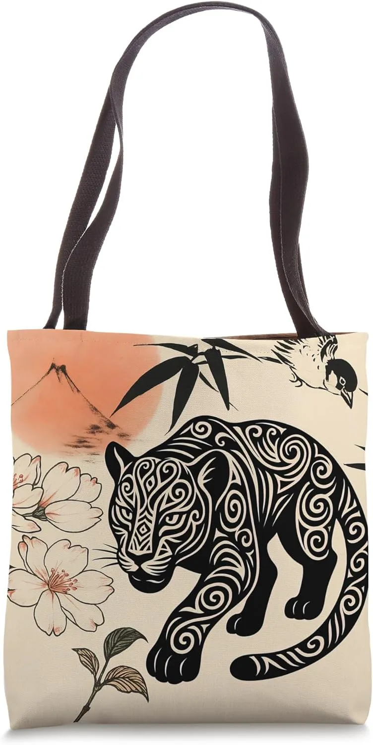 Leopard Flowers Minimalist Oriental Ink Art Beige Tote Bag