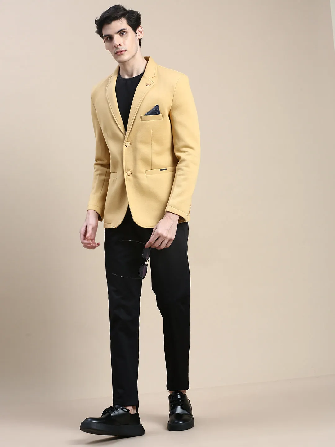 Men Mustard Slim-Fit Single Breasted Blazer