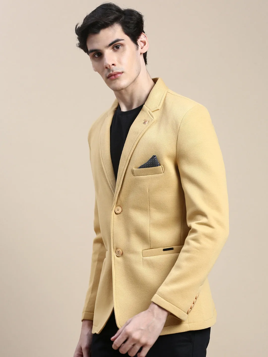 Men Mustard Slim-Fit Single Breasted Blazer