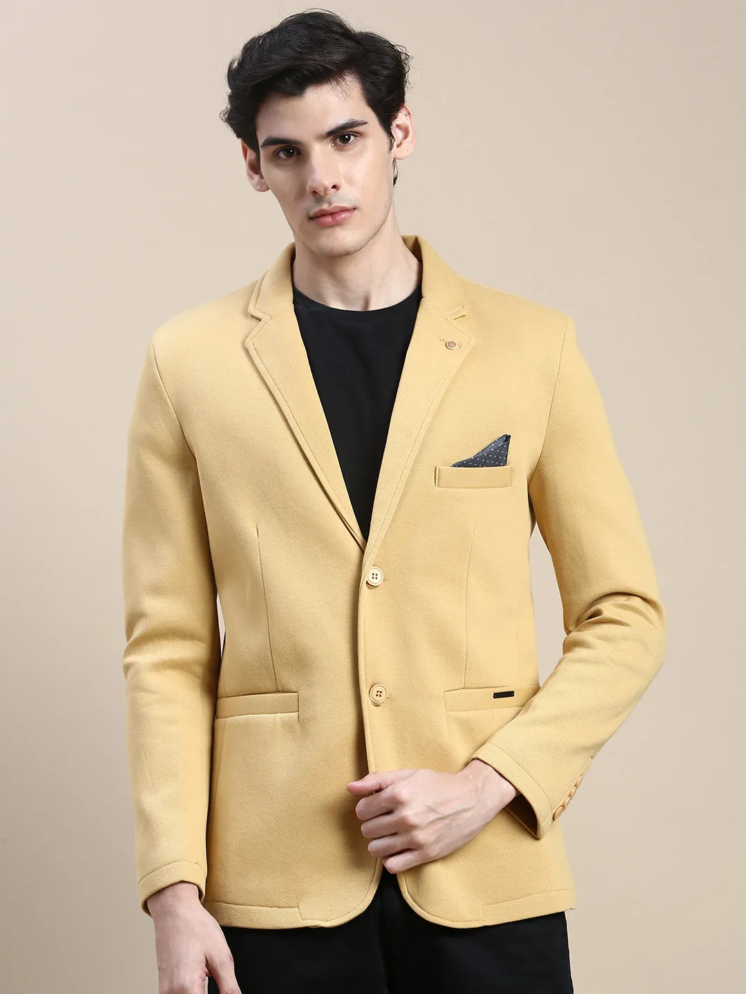 Men Mustard Slim-Fit Single Breasted Blazer
