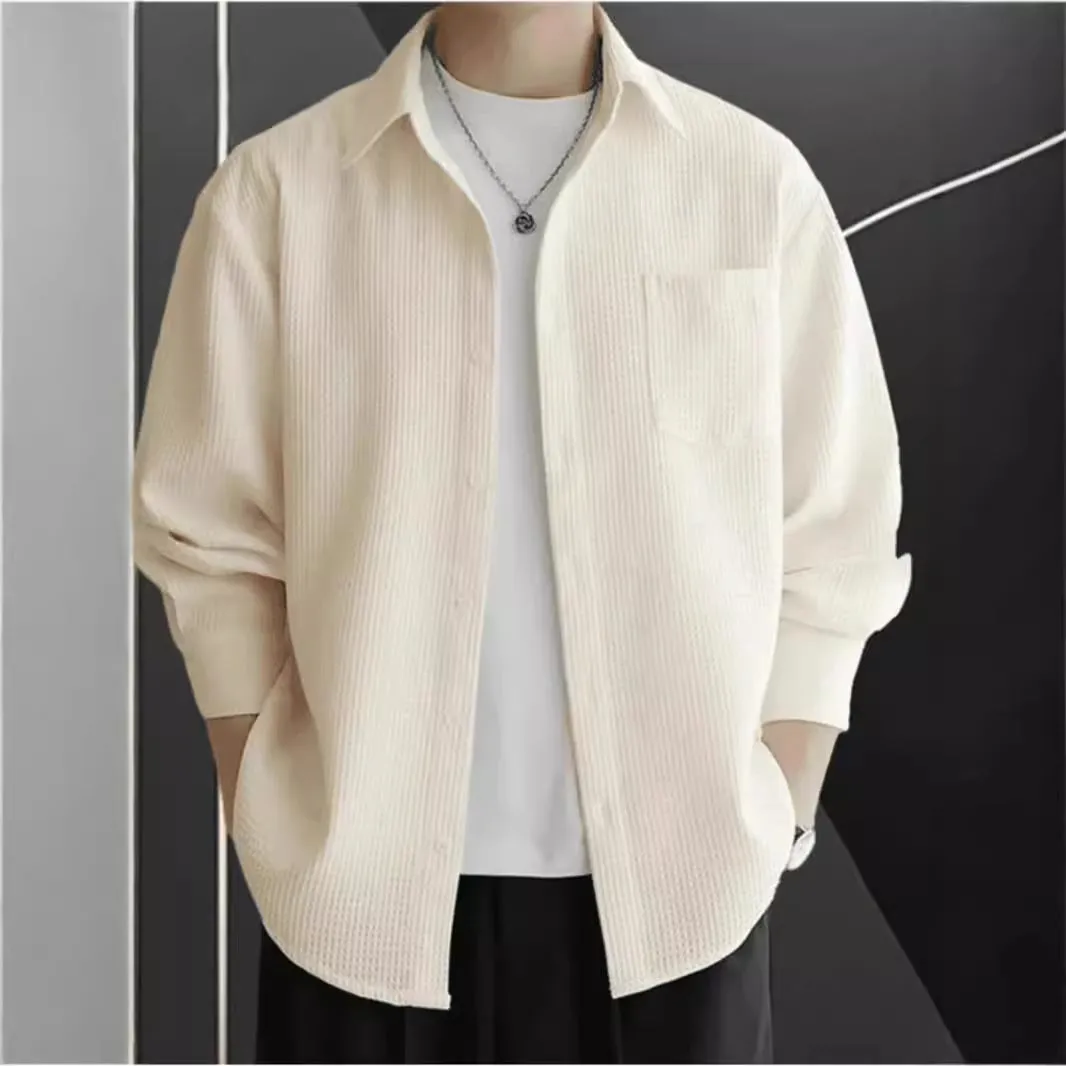 Mens Long Sleeve Shirt  Waffle Knit  Oversized Fit  Button-Up Casual Layer
