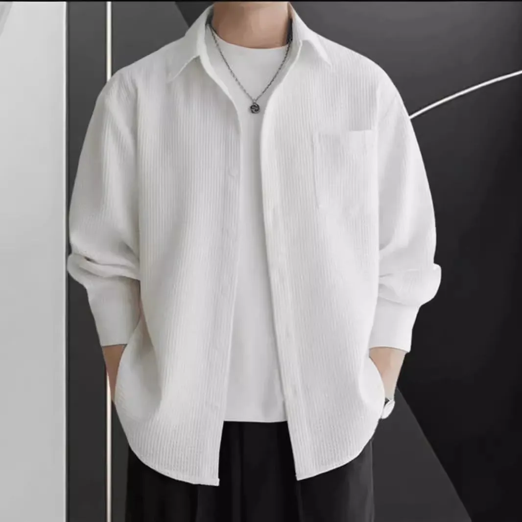 Mens Long Sleeve Shirt  Waffle Knit  Oversized Fit  Button-Up Casual Layer