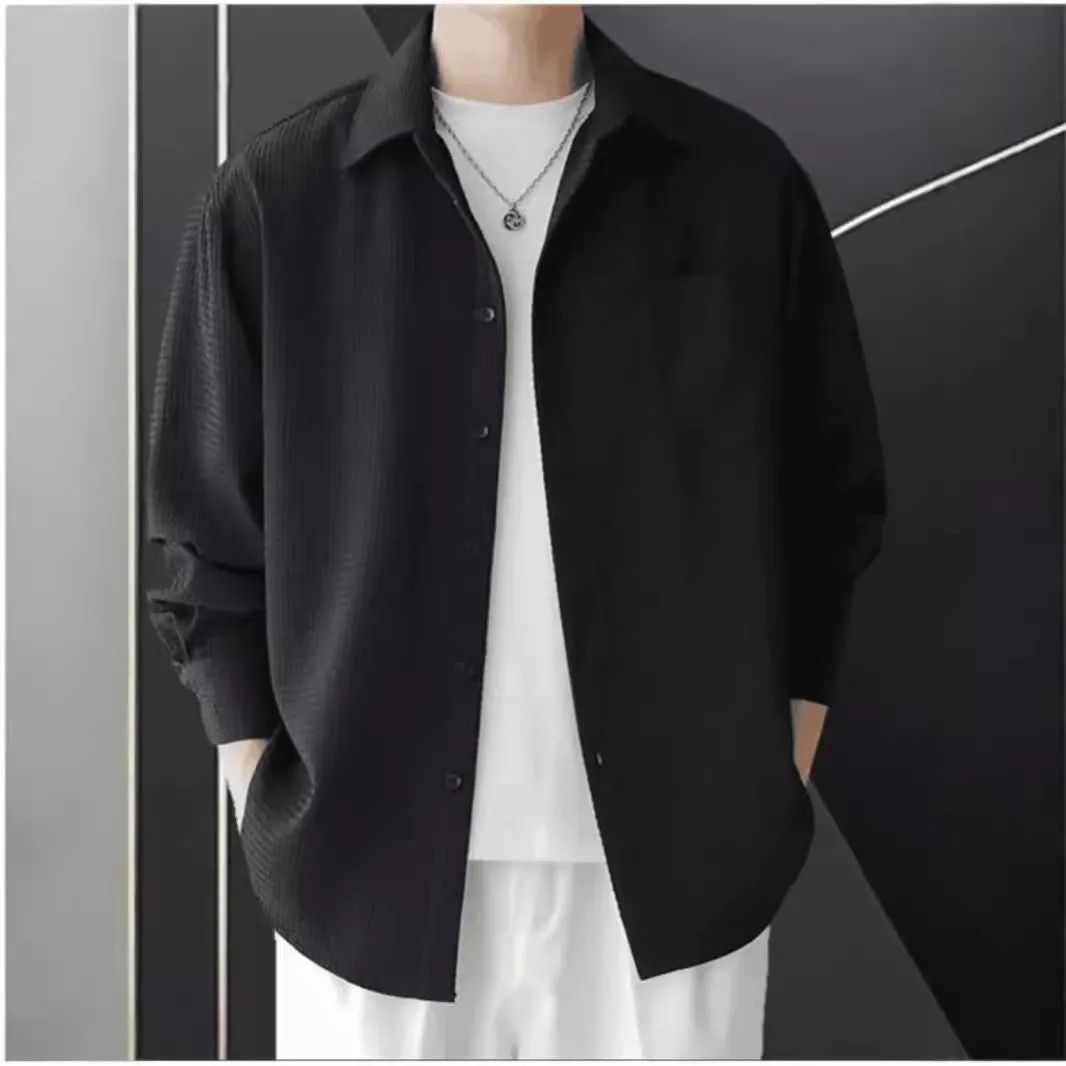 Mens Long Sleeve Shirt  Waffle Knit  Oversized Fit  Button-Up Casual Layer
