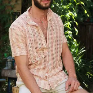Mens Mesh Shirt  Relaxed Fit  Short Sleeve  Button-Up  Breathable Grid Style