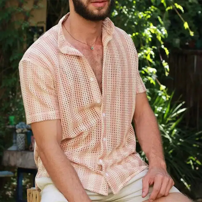 Mens Mesh Shirt  Relaxed Fit  Short Sleeve  Button-Up  Breathable Grid Style