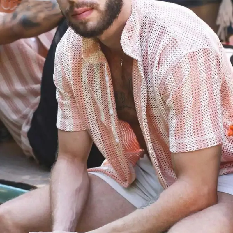 Mens Mesh Shirt  Relaxed Fit  Short Sleeve  Button-Up  Breathable Grid Style