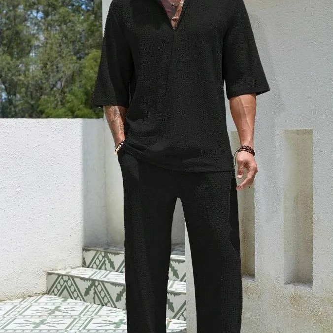 Mens Shirt and Pants Set  Relaxed Fit  Lightweight Cotton  Button-Up Half Sleeve