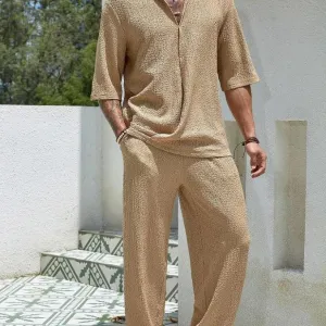 Mens Shirt and Pants Set  Relaxed Fit  Lightweight Cotton  Button-Up Half Sleeve