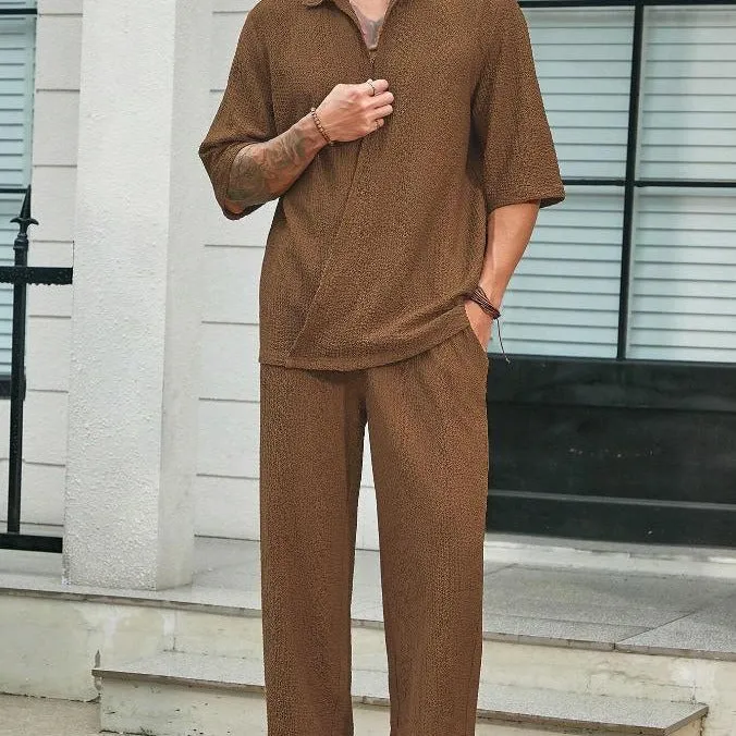 Mens Shirt and Pants Set  Relaxed Fit  Lightweight Cotton  Button-Up Half Sleeve