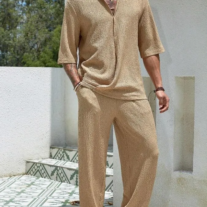 Mens Shirt and Pants Set  Relaxed Fit  Lightweight Cotton  Button-Up Half Sleeve