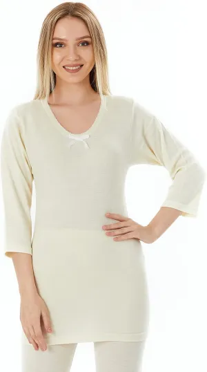 Merino Wool Undershirt for Women, 3/4 Sleeve Top, Tunic Length | 185 Lightweight Base Layer, Thermal Underwear