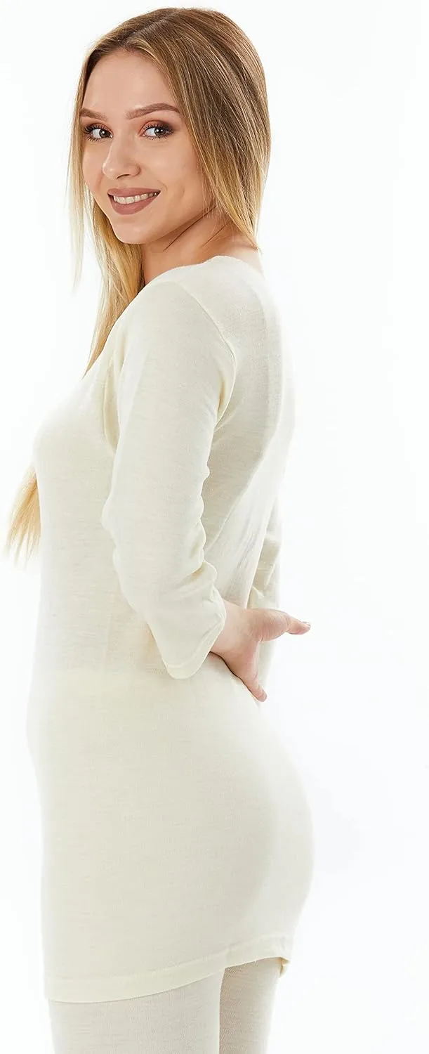 Merino Wool Undershirt for Women, 3/4 Sleeve Top, Tunic Length | 185 Lightweight Base Layer, Thermal Underwear